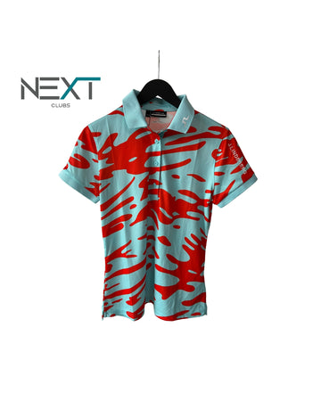 Neu J.Lindeberg Tour Tech Print Polo Poloshirt Damen Hellblau / orange Größe XL