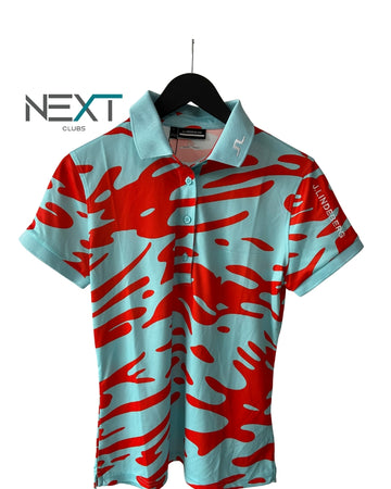 Neu J.Lindeberg Tour Tech Print Polo Poloshirt Damen Hellblau / orange Größe M