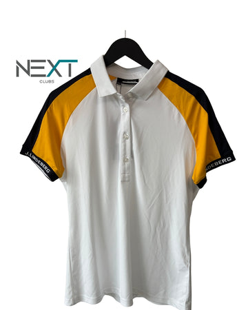 Neu J.Lindeberg Perinne Polo Poloshirt Damen Weiß mit gelb / schwarz Größe M