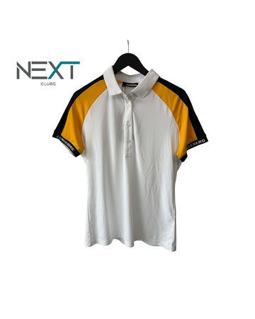 Neu J.Lindeberg Perinne Polo Poloshirt Damen Weiß mit gelb / schwarz Größe M
